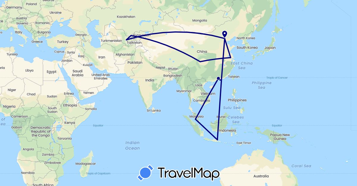 TravelMap itinerary: driving in China, Indonesia, Malaysia, Uzbekistan (Asia)